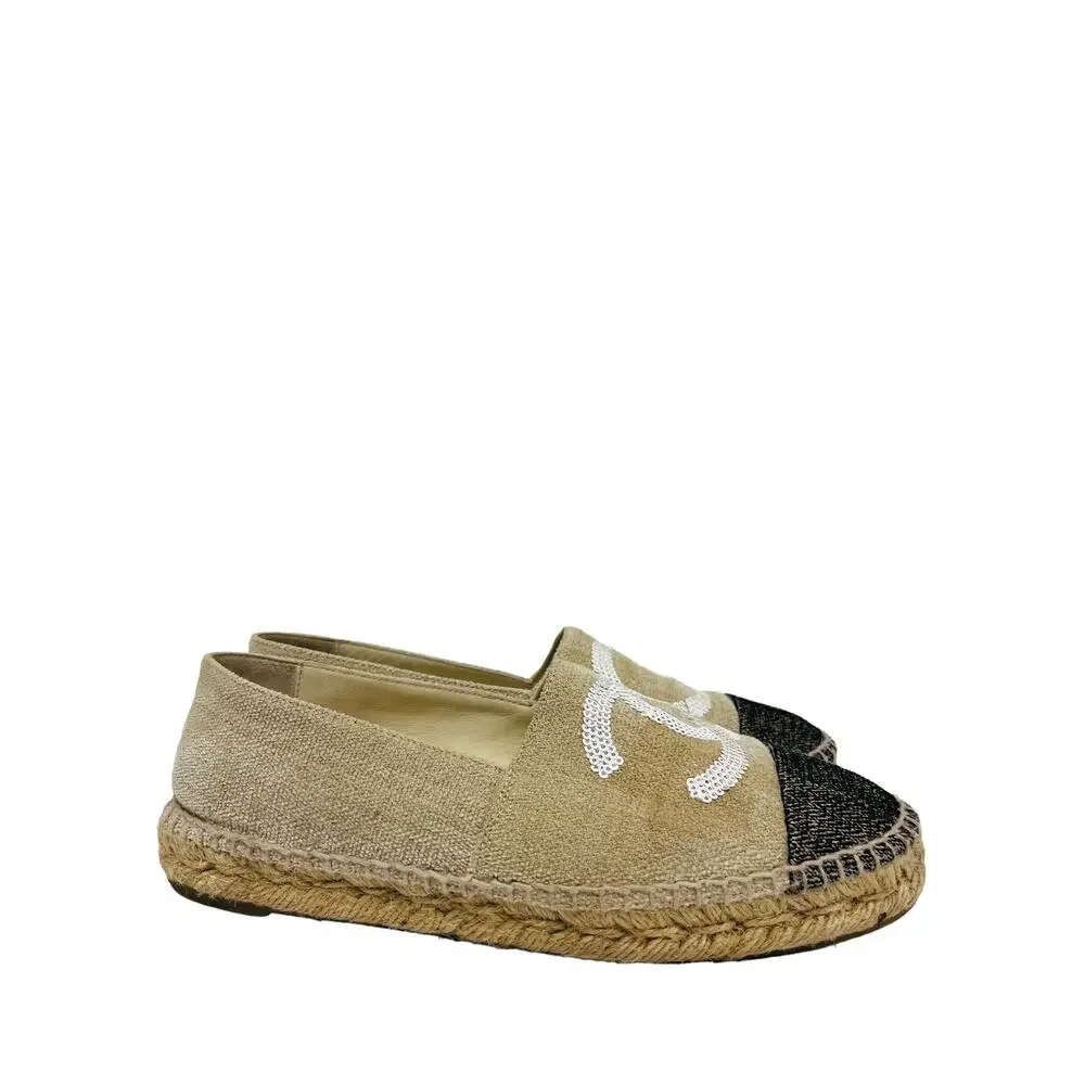 CHANEL Beige Black CC Toile Canvas Sequin Espadrilles Flats Size 37 US 7 - Picture 5 of 9